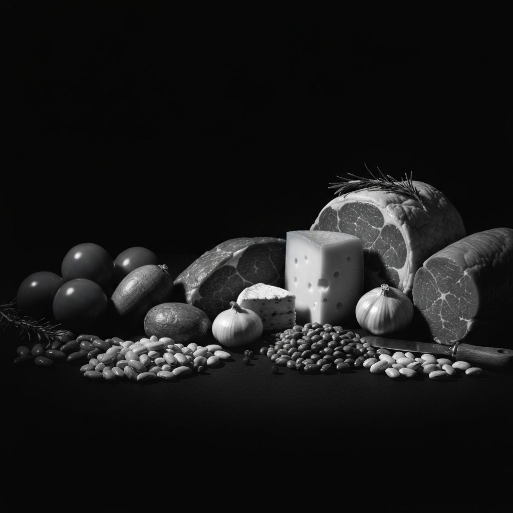 Künstlerische Fotografie von proteinreichen Lebensmitteln in natürlicher Anordnung mit Dramaturgie des Lichts