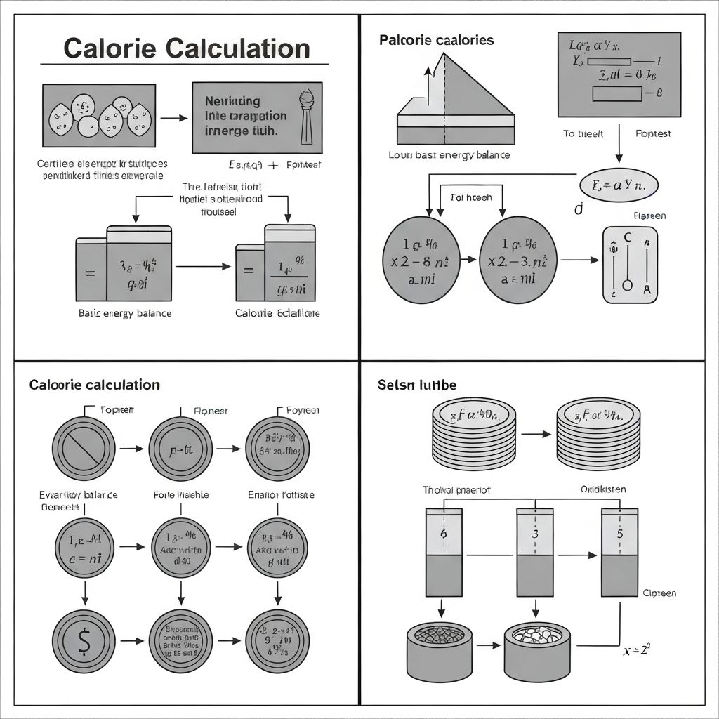 Pädagogische Infografik zum Kalorienberechnungsprozess mit minimalistischem technischem Stil