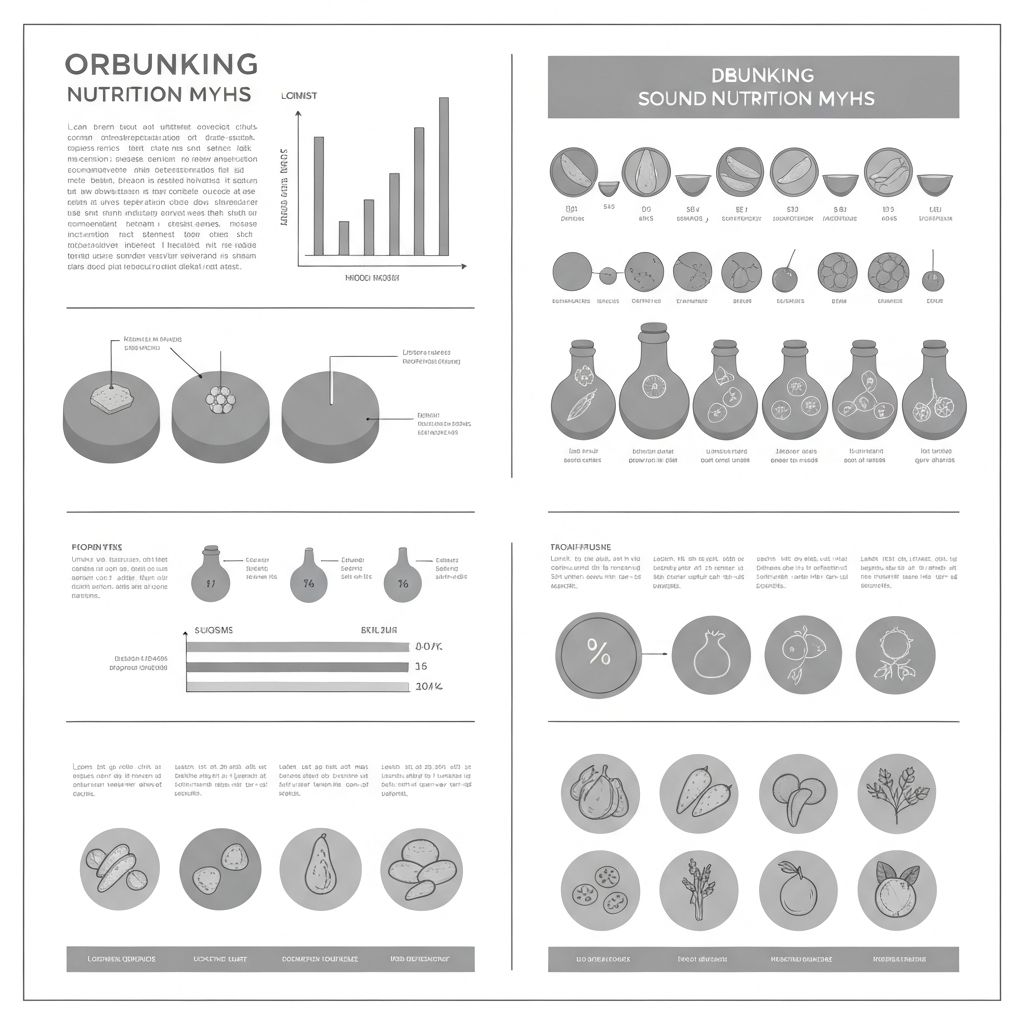 Institutionelle Forschungsstil-Illustration zur Entlarvung von Ernährungsmythen in minimalistischem Infografik-Stil