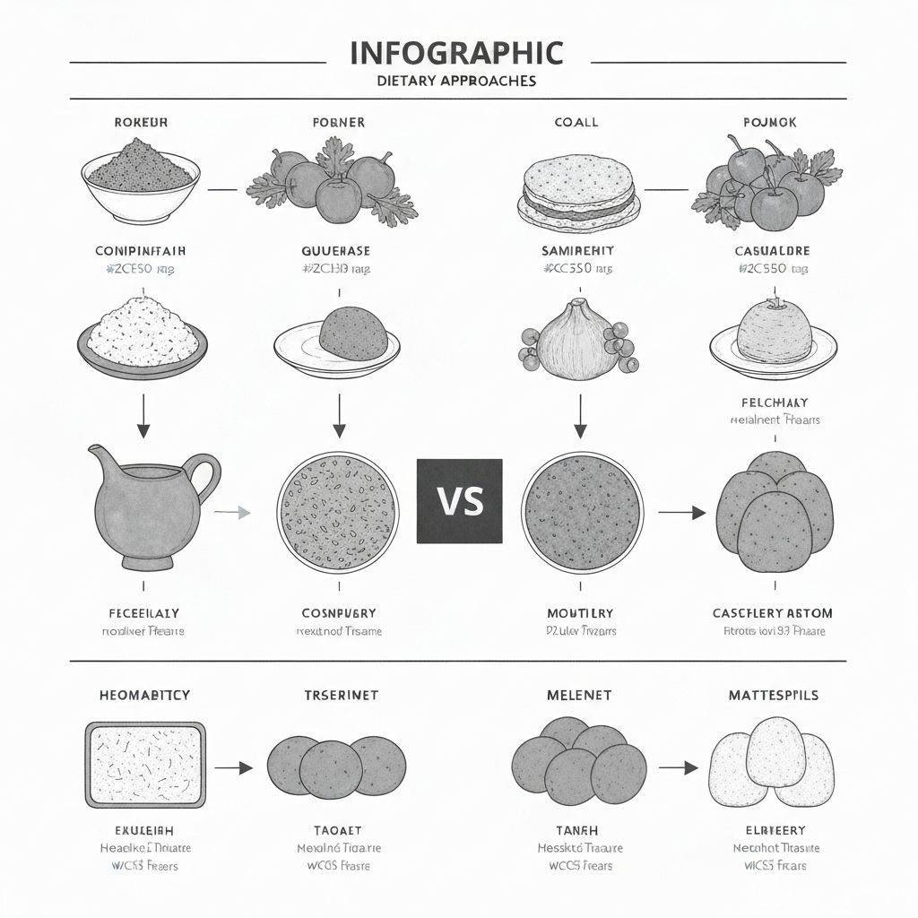 Vergleichende analytische Infografik verschiedener Ernährungsansätze in minimalistischem technischem Stil