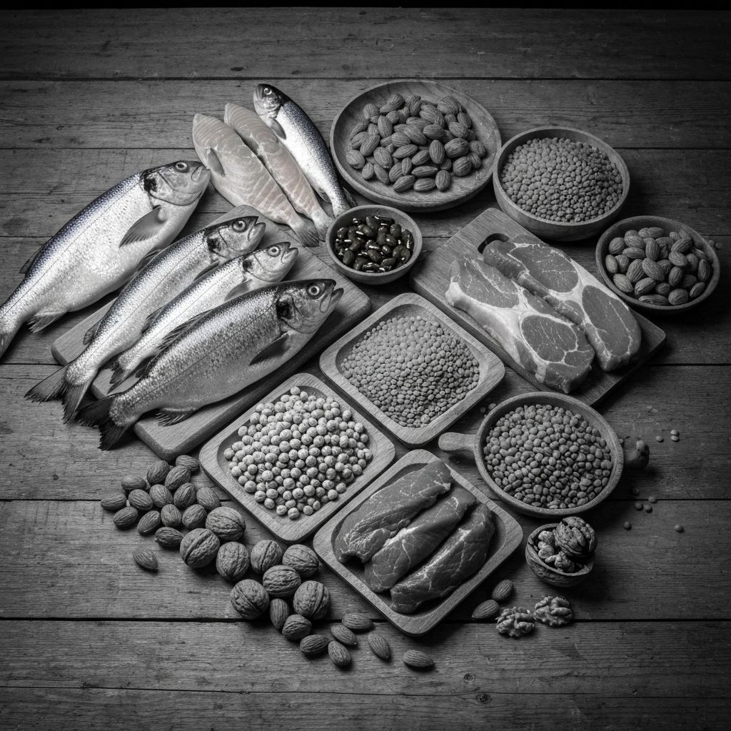 Künstlerische schwarzweiße Fotografie natürlicher Proteinquellen wie Fisch, mageres Fleisch, Hülsenfrüchte und Nüsse auf Holztisch mit dramatischer Beleuchtung